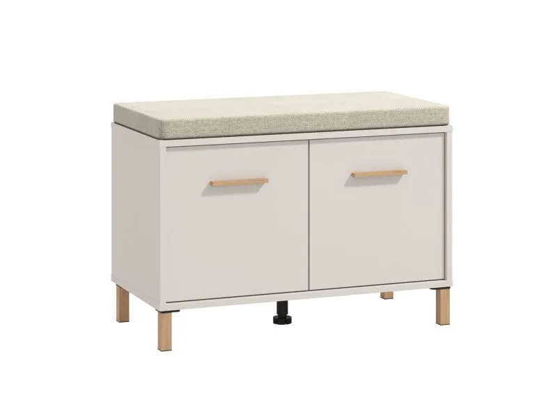 Sitzbank mit Stauraum Venac 05, gepolsterte Sitzfläche, Farbe: Eiche Artisan / Kaschmir, ABS-Kanten, zwei Türen, Maße: 57 x 80 x 40 cm, zwei Fächer