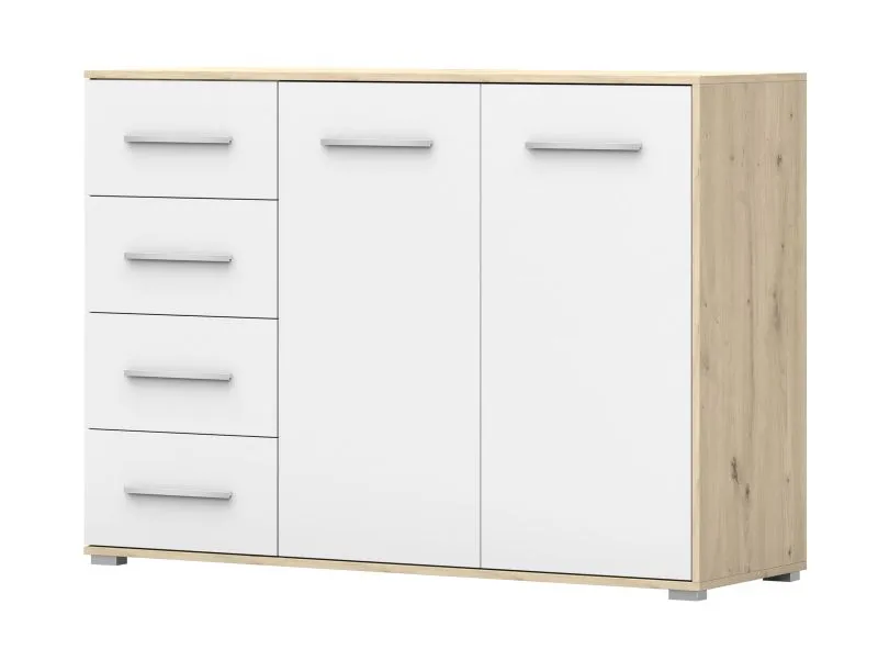 Sideboard / Kommode | Weiß / Eiche | Comarca 40 | 96 x 135 x 45 cm | 1 Türe | 4 Schubladen | 3 Fächer | Zweifarbig | Korpus in Holzoptik