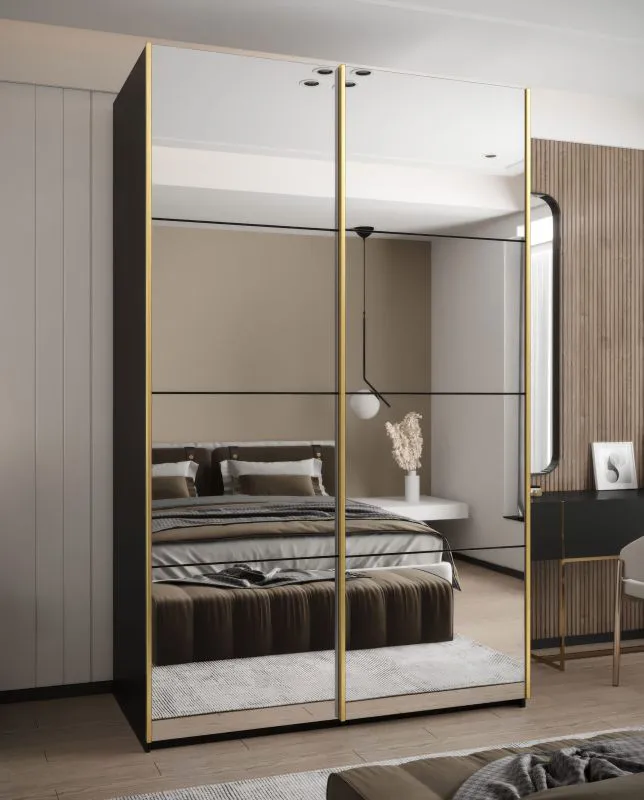 Kleiderschrank / Schiebetürenschrank | Spiegel | 245,5 x 160 x 64 cm | 2 Kleiderstangen | Soft-Close | 11 Fächer | Farbe: Schwarz | 2 Schiebetüren