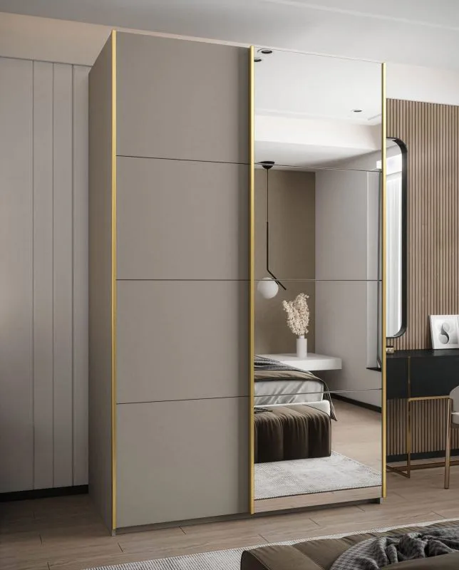 Kleiderschrank / Schiebetürenschrank | Soft-Close | Spiegel | Farbe: Kaschmir | 245,5 x 160 x 64 cm | 2 Kleiderstange | 2 Schiebetüren | 11 Fächer
