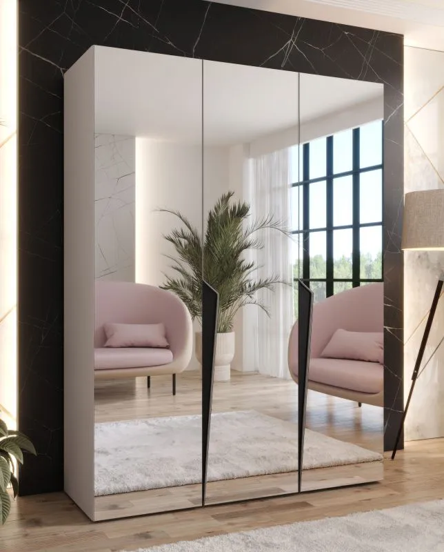 Kleiderschrank | Farbe: Kaschmir | 3 Spiegeltüren | 2 Fächer | 2 Kleiderstangen | Maße: 150 x 52 x 202 cm | Griffe: Schwarz | Soft-Close-Funktion | ABS-Kantenschutz