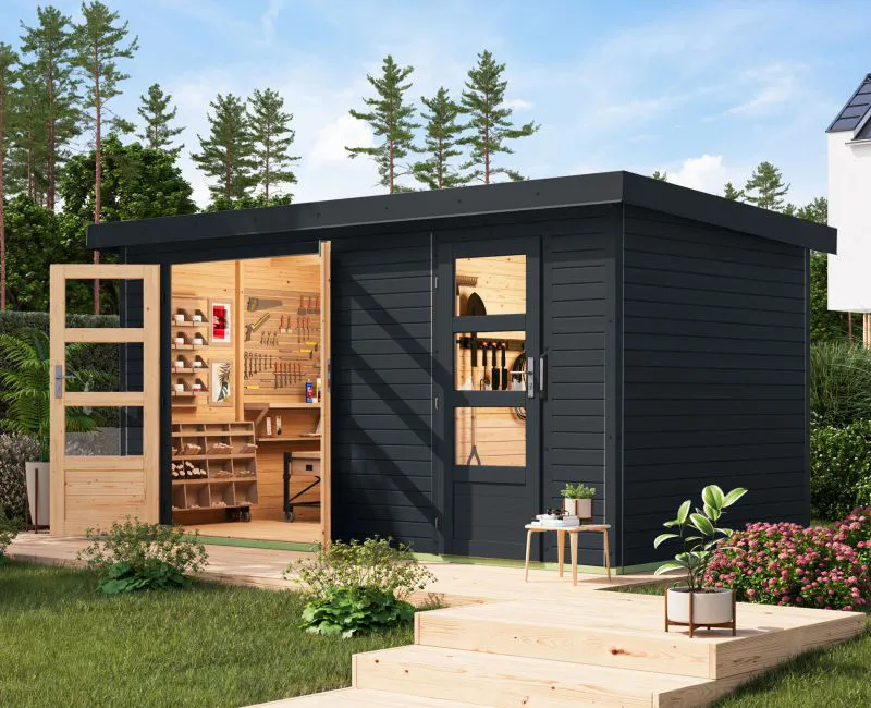 Holz Gartenhaus, nordische Fichte anthrazit/anthrazit, Trapezblech-Pultdach wetterfest, stabile metallverstärkte-Ecken, Zylinderschloss, 4,00 × 2,13 m