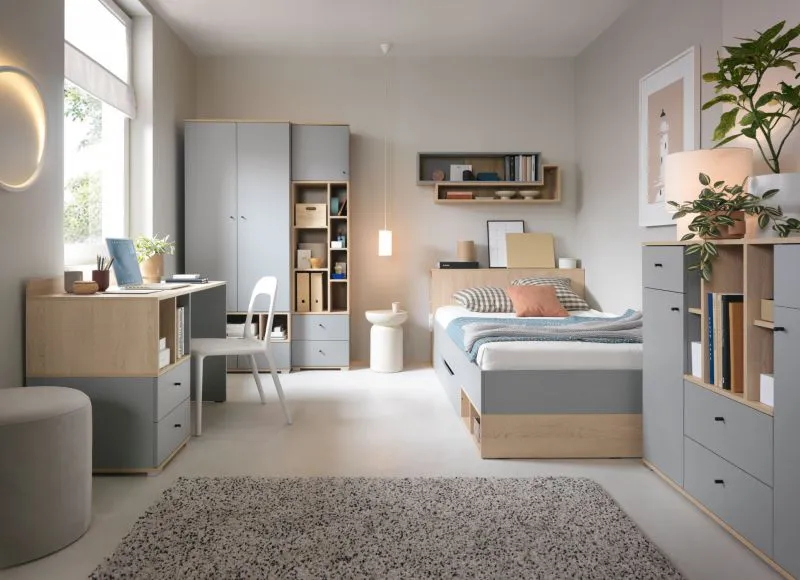 Jugendzimmer Kinderzimmer - Set B Alnoir, 6-teilig, Farbe: Eiche / Grau, ABS-Kantenschutz, schwarze Griffe, Schreibtisch, Funktionsbett, genügend Stauraum