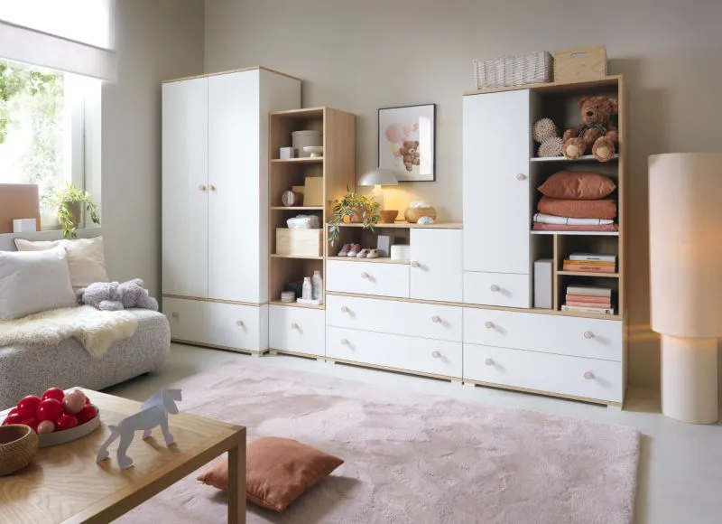 Kinderzimmer - Set A Asbeek, 4-teilig, Farbe: Eiche / Weiß, ABS-Kantenschutz, viel Stauraum, ein großer Kinderzimmerschrank