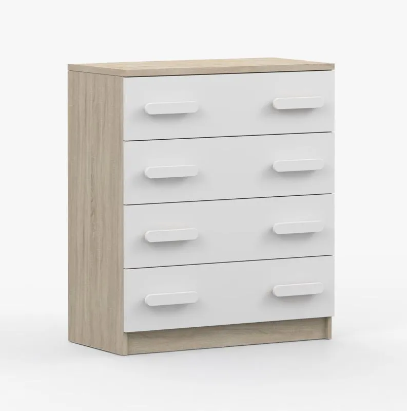 Kommode 80 cm breit | 90 x 80 x 40 cm | Weiß / Sonoma Eiche | Smolikas 09 | 4 Schubladen | weiße Holzgriffe | Zweifarbig | Kinder | Jugend
