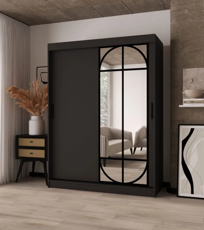 Kleiderschrank / Schiebetürenschrank | Farbe: Schwarz Matt | 2 Kleiderstangen | 5 Fächer | hochwertig Verarbeitet | 150 x 62 x 200 cm | für Schlafzimmer