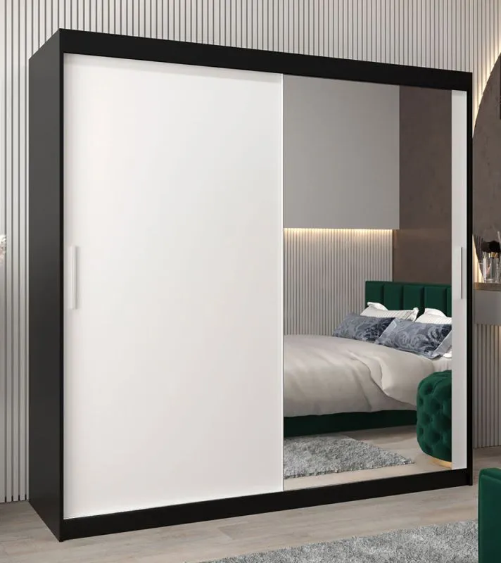 200 cm breiter Kleiderschrank mit 10 Fächern und 2 Türen | Farbe: Weiß / Schwarz Abbildung