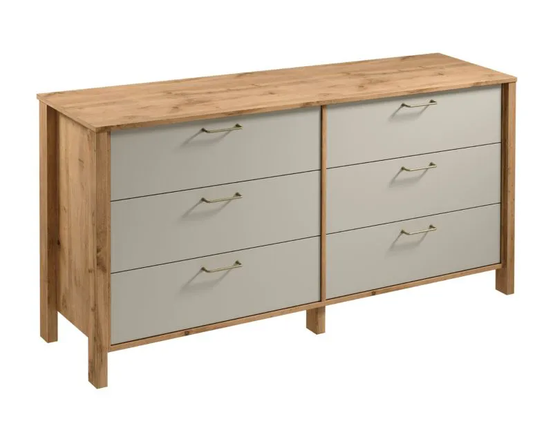 Kommode/Sideboard Braianik 05, Eiche Wotan / Beige, 6 großzügige Schubladen, Wohnzimmer, Schlafzimmer, 81 x 171 x 47 cm, ABS, Griffe aus Metall