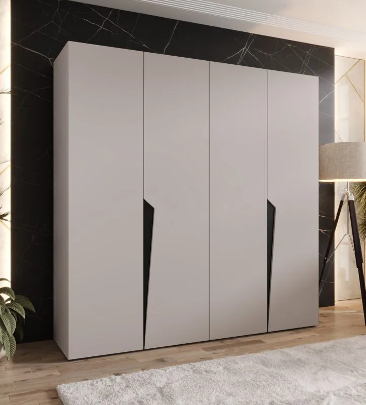 Drehtürenschrank | 4-Türig | Farbe: Kaschmir | 2 Fächer | Soft-Close-Funktion | 2 Kleiderstangen | Griffe: Schwarz | Maße: 200 x 52 x 202 cm | Kleiderschrank | ABS-Kanten