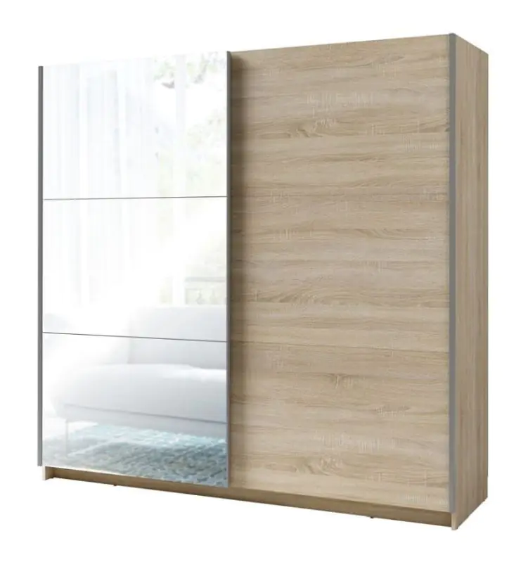 Kleiderschrank / Spiegeltürenschrank Lamia, Natur-Eiche-Optik, für Schlafzimmer, Maße: 201 x 62 cm, 2 Schiebetüren, 6 Fächer, 1 Kleiderstange, Spiegel