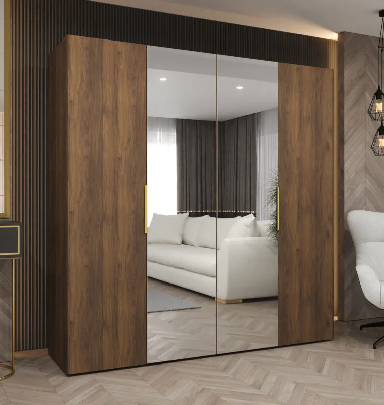 Drehtürenschrank mit zwei Kleiderstangen | Farbe: Walnuss | zwei Fächer | 2 Meter breit | Griffe: Gold | Soft-Close-Funktion | zwei Spiegeltüren