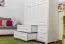 Kleiderschrank | 3 Drehtüren | 4 Schubladen | 3 Fächer | mit Kleiderstange | 133 cm breit | Massivholz | Farbe: Weiß Abbildung