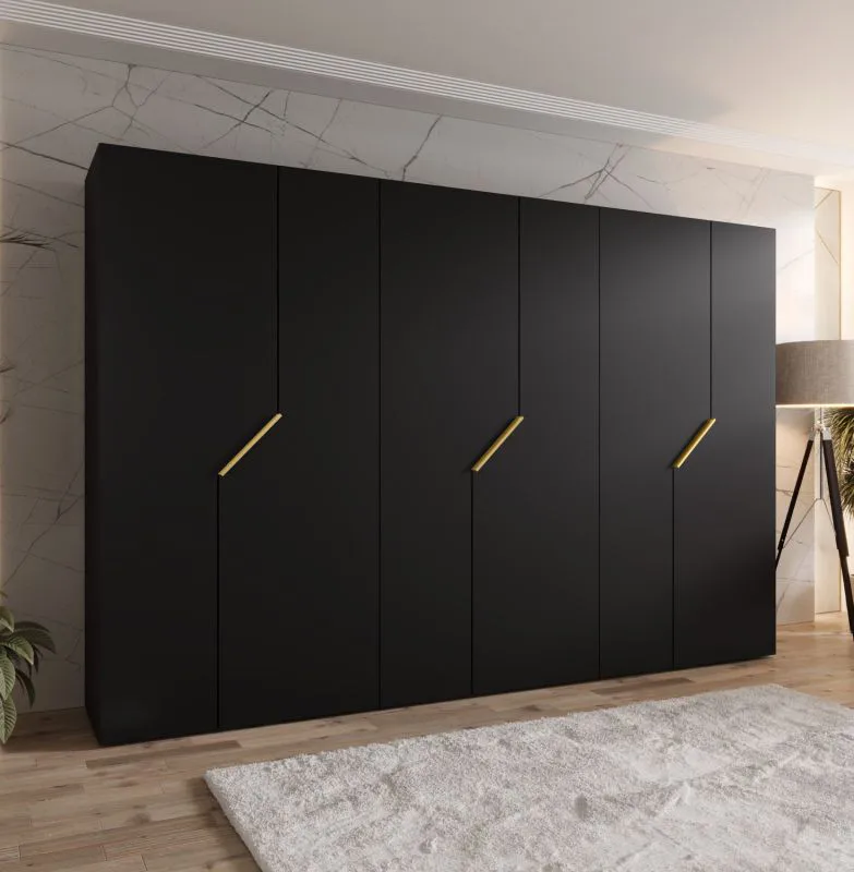Drehtürenschrank | Farbe: Schwarz | 6 Türen | 3 Kleiderstangen | ABS-Kanten | Griffe: Gold | Maße: 300 x 52 x 202 cm | Soft-Close-Funktion | 3 Fächer