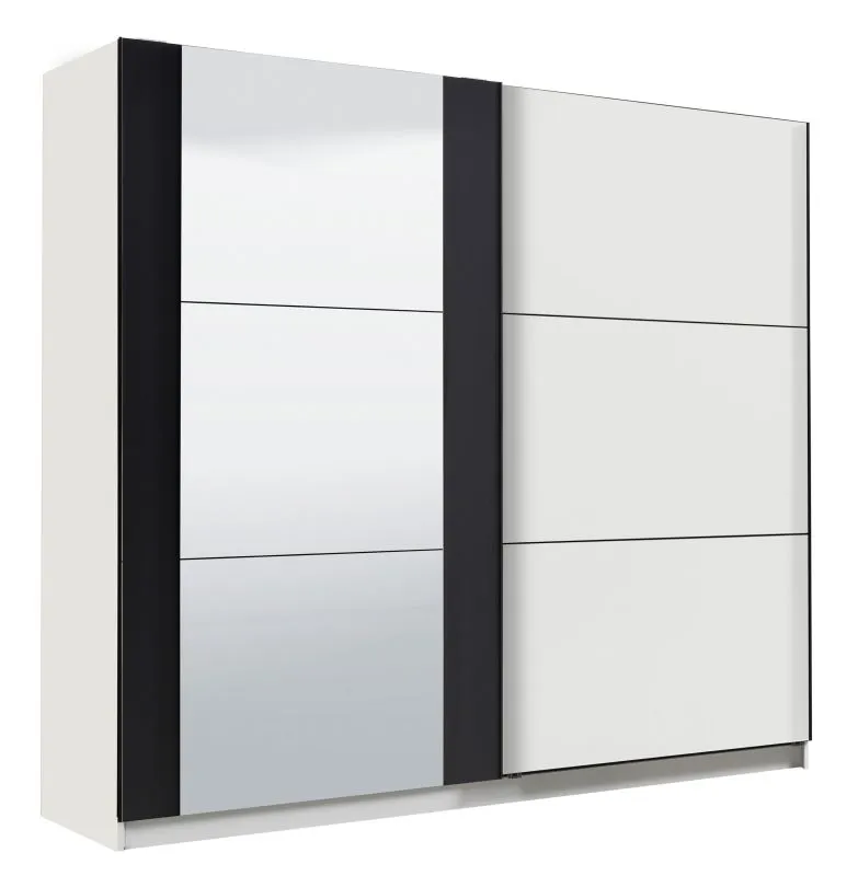 Moderner Kleiderschrank mit zwei Kleiderstangen Sizila 01, Farbe: Weiß / Schwarz, 10 Fächer, Spiegel, Maße: 210 x 217 x 62,5 cm, hochwertige Materialien