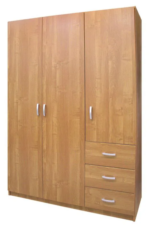 Kleiderschrank | 3 Drehtüren | 3 Schubladen | 4 Fächer | mit Kleiderstange | 140 cm breit | Farbe: Erle Abbildung