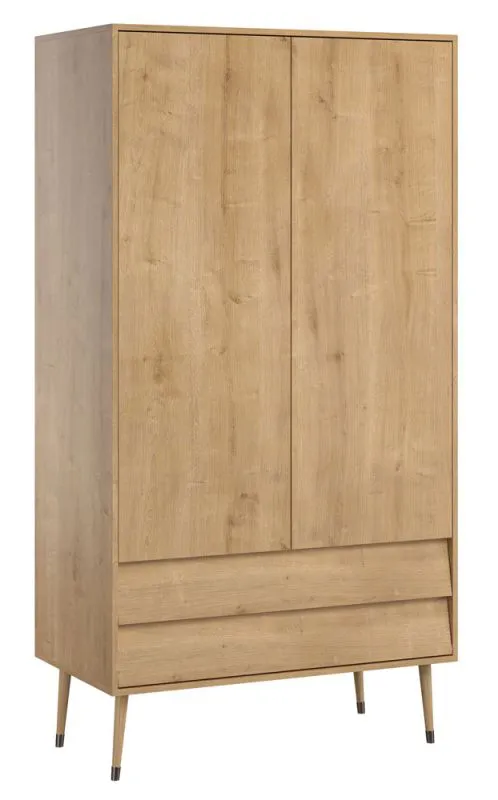 Kleiderschrank | 2 Drehtüren | 2 Schublade | 2 Fächer | mit Kleiderstange | 100 cm breit | Farbe: Eiche Abbildung