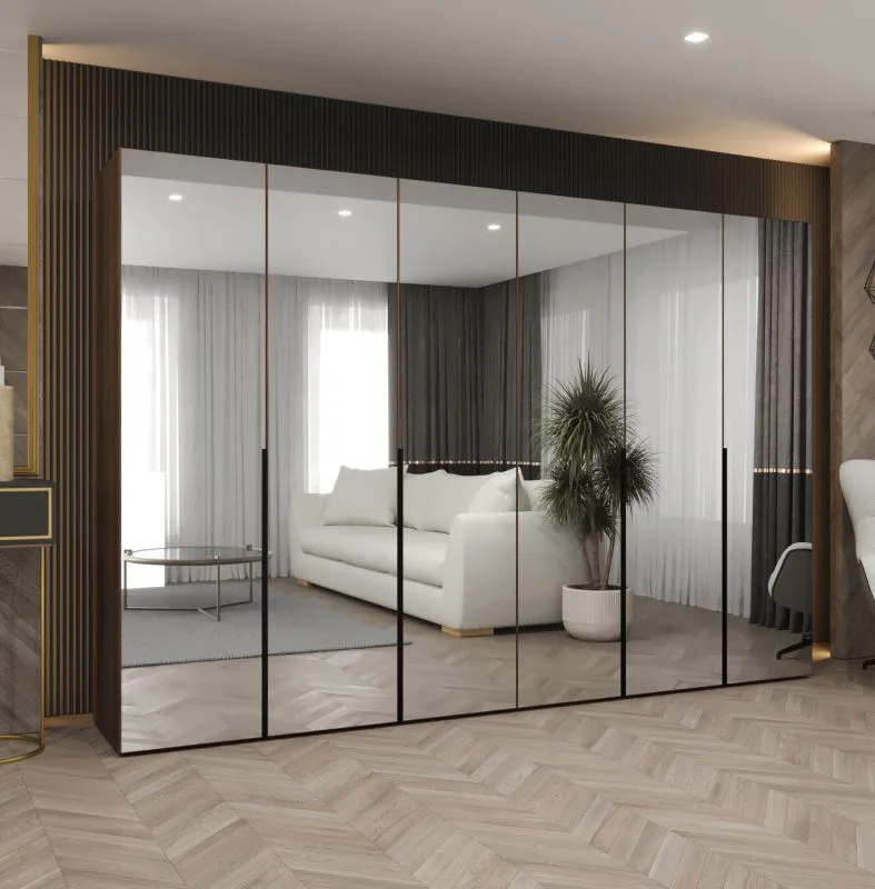 Drehtürenschrank / Kleiderschrank mit vier Kleiderstangen | Farbe: Walnuss | vier Fächer | 3 Meter breit | Soft-Close-Funktion | Griffe: Schwarz