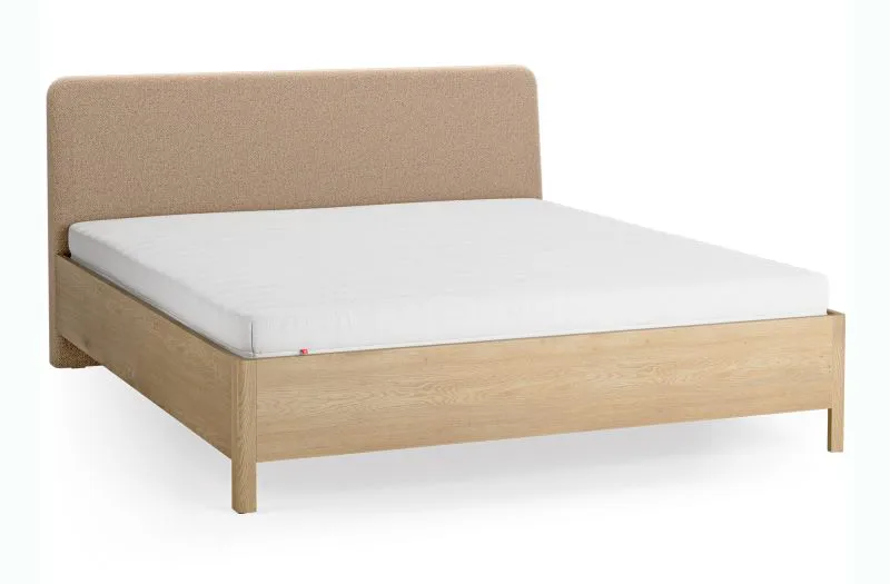 Doppelbett | Eiche massiv | 180 x 200 cm | Farbe: Eiche / Taupe | weich gepolsterte Kopfstütze | inkl. Lift up Lattenrost | dezent abgerundete Form