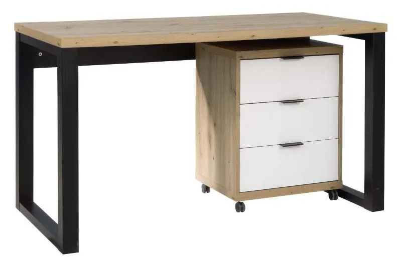 Schreibtisch "Merosina" 02, Farbe: Eiche Artisan / Schwarz / Weiß - Abmessungen: 76 x 135 x 65 cm (H x B x T)
