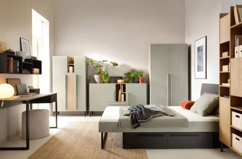 Schlafzimmer Komplett - Set D Authie, 7-teilig, Mintgrün / Eiche dunkel / Schwarz, angenehmes Design, harmonische Farben, einfache und rasche Montage