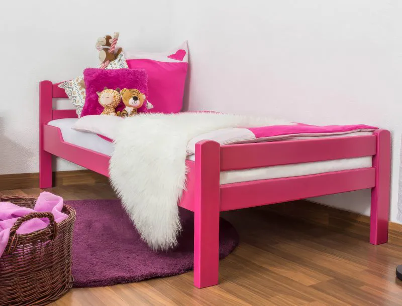 Kinderbett / Jugendbett "Easy Premium Line" K1/2n, Buche Vollholz massiv rosa lackiert - Liegefläche: 90 x 190 cm