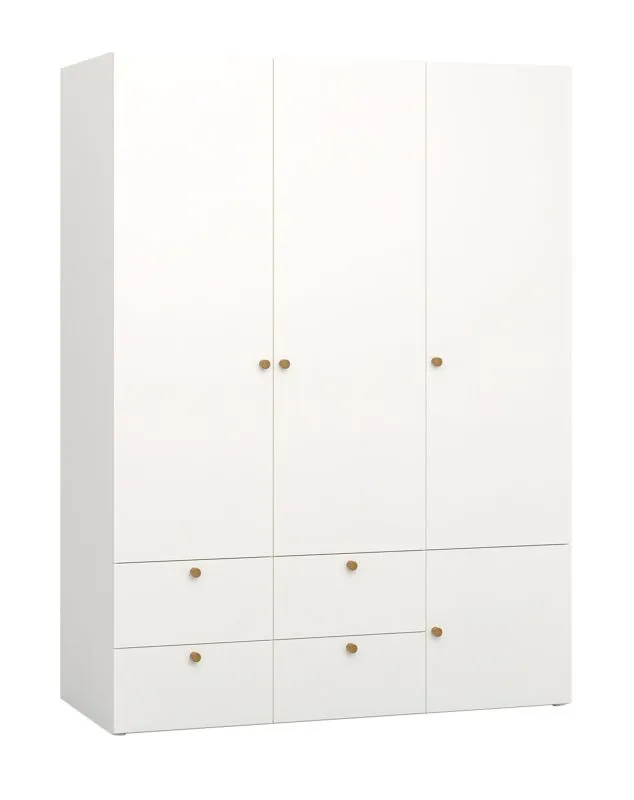Drehtürenschrank mit integrierter LED-Beleuchtung Aenna 16, zwei Kleiderstangen, Farbe: Weiß / Eiche, Maße: 202,5 x 151 x 60 cm, vier Schubladen, sechs Fächer
