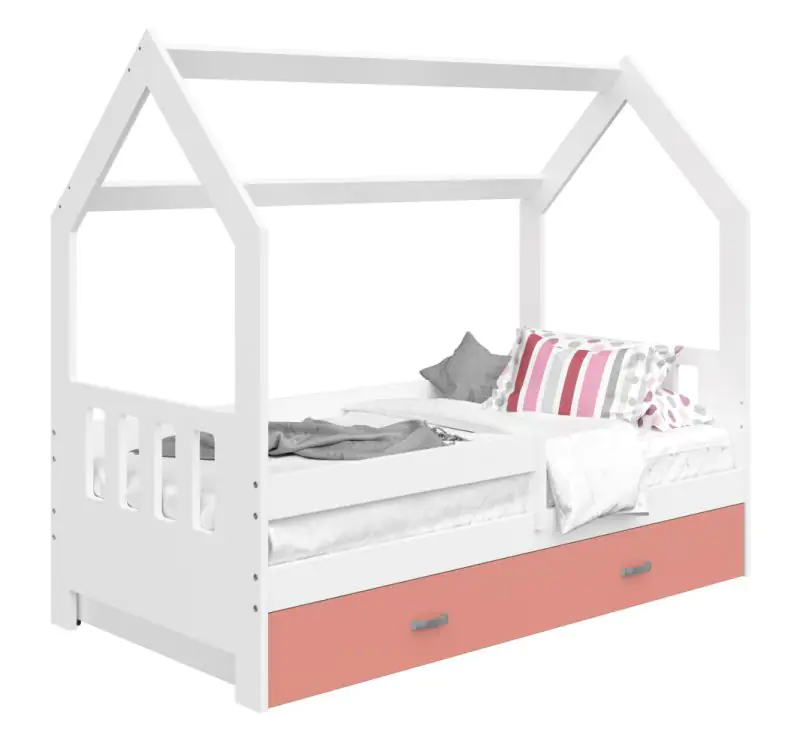 Kinderbett / Hausbett Kiefer Vollholz massiv weiß lackiert D3C, Schublade: Rosa, inkl. Lattenrost - Liegefläche: 80 x 160 cm (B x L)