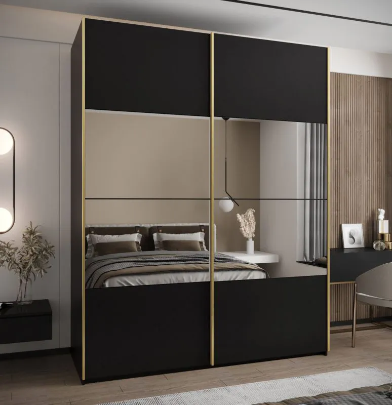 Kleiderschrank / Schiebetürenschrank | 2 Schiebetüren |2 Kleiderstangen | 245,5 x 200 x 64 cm | 11 Fächer | Spiegel | Soft-Close | Farbe: Schwarz