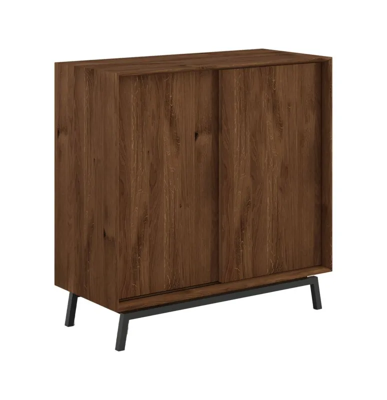 Kommode / Weinregal Salleron 18, Eiche massiv geölt, Farbe: Tabacco, zwei Holzschiebetüren, Maße: 101 x 101 x 45 cm, 16 Fächer