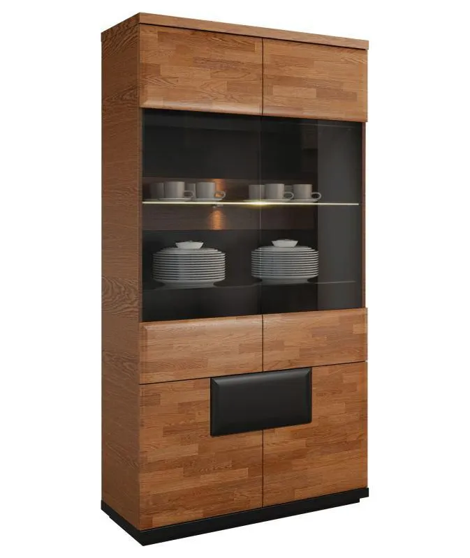 Wohnzimmerschrank, Vitrine, 102 cm breit, teilmassiv, Farbe: Walnuss / Schwarz Abbildung