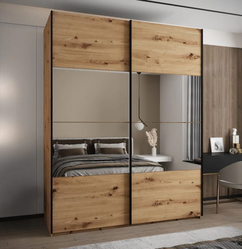 Kleiderschrank / Schiebetürenschrank | Farbe: Eiche Artisan | Spiegel | Soft-Close | 2 Kleiderstangen | 245,5 x 190 x 64 cm | 2 Schiebetüren | 11 Fächer