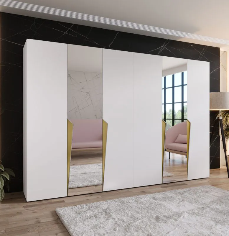 Kleiderschrank / Drehtürenschrank | Farbe: Weiß | 2 Spiegeltüren | 4 Fächer | 4 Kleiderstangen | Soft-Close | Griffe: Gold | Maße: 300 x 52 x 202 cm | ABS