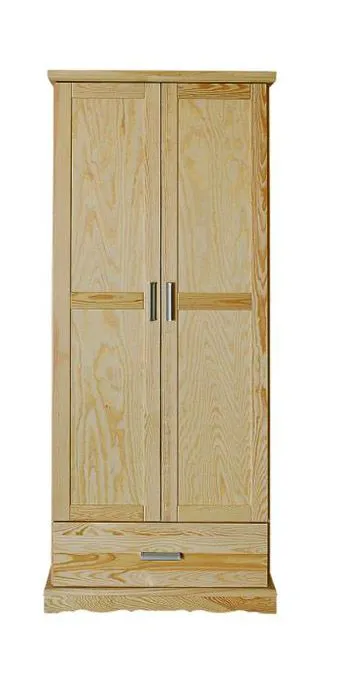 Schmaler Kleiderschrank | 2 Drehtüren | 1 Schublade | 1 Fach | mit Kleiderstange | 80 cm breit | Massivholz | Farbe: Natur Abbildung
