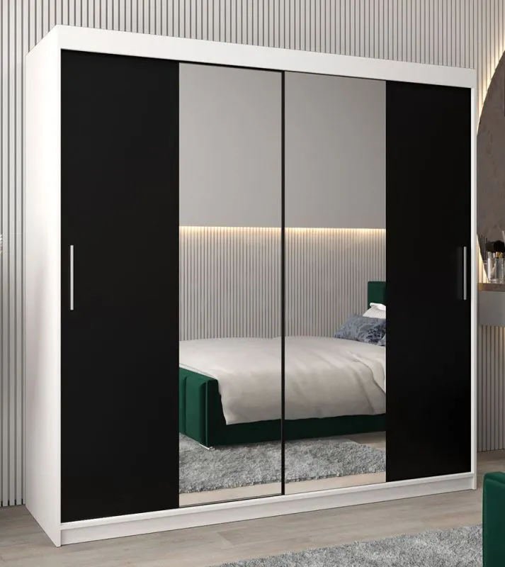 200 cm breiter Kleiderschrank mit 10 Fächern und 2 Türen | Farbe: Weiß / Schwarz Abbildung