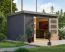Pultdach Gartenhaus, Fichte terragrau/graualuminium, Trapezblechdach wetterfest, stabile Ecken, Zylinderschloss, große Lichtausschnitte, 3,60 × 2,40 m