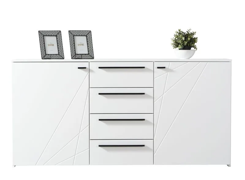 Sideboard / Kommode mit vier Fächer Bogati 05, Farbe: Weiß / Weiß Hochglanz, zwei Türen, vier Fächer, Maße: 80,5 x 163 x 40 cm, ABS-Kanten