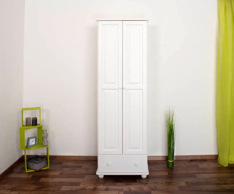 Kleiderschrank | 2 Drehtüren | 1 Schublade | 1 Fach | mit Kleiderstange | 65 cm breit | Massivholz | Farbe: Weiß Abbildung