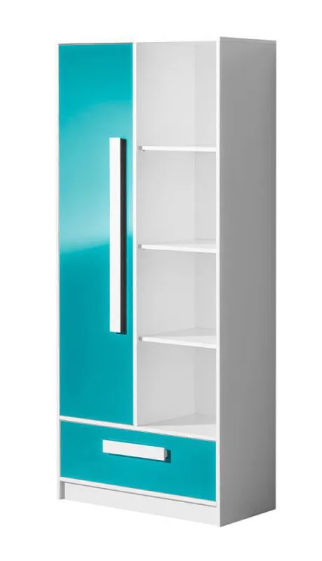 Kinderzimmer - Drehtürenschrank / Kleiderschrank Walter 03, Farbe: Weiß / Blau Hochglanz - 191 x 80 x 40 cm (H x B x T)