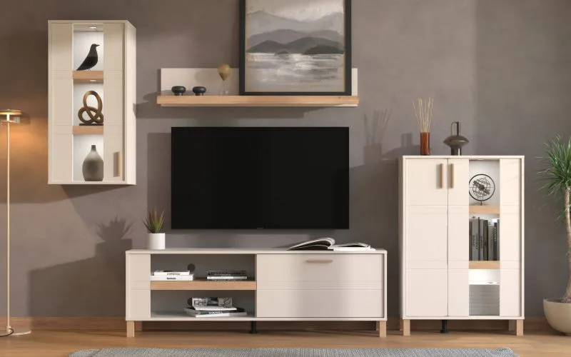 Wohnwand | Farbe: Kaschmir / Eiche Artisan | 2 Vitrinen | ABS-Kanten | 1 TV-Unterschrank | Maße: 289 x 40 x 181 cm | getöntes Glas | 1 Wandregal