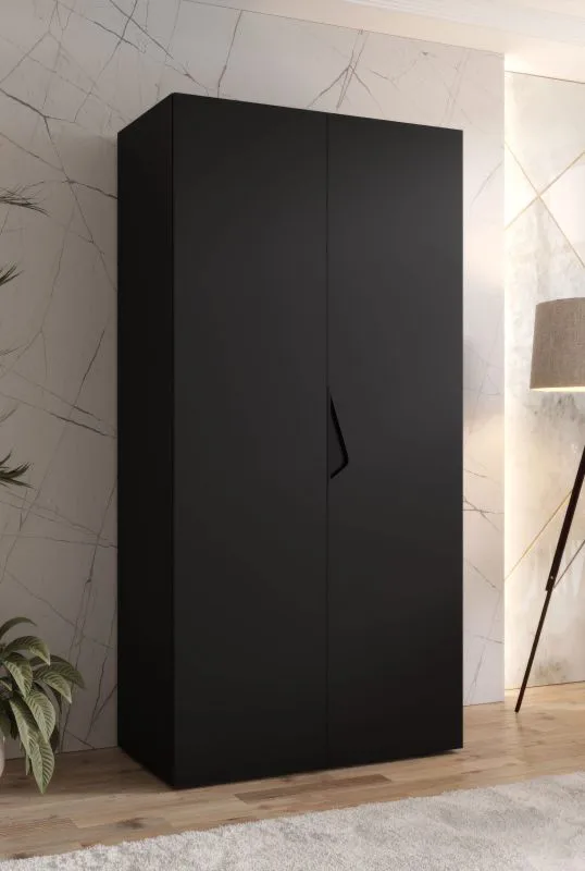Drehtürenschrank / Kleiderschrank | 1 Meter breit | ABS-Kantenschutz | Griffe: Schwarz | Farbe: Schwarz | Maße: 100 x 52 x 202 cm | für Schlafzimmer