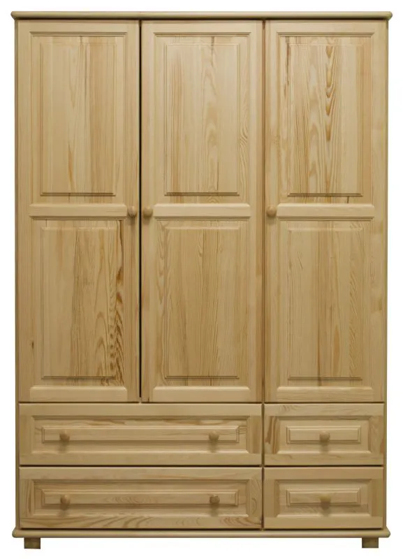 Kleiderschrank | 3 Drehtüren | 4 Schubladen | 3 Fächer | mit Kleiderstange | 120 cm breit | Massivholz | Farbe: Natur Abbildung