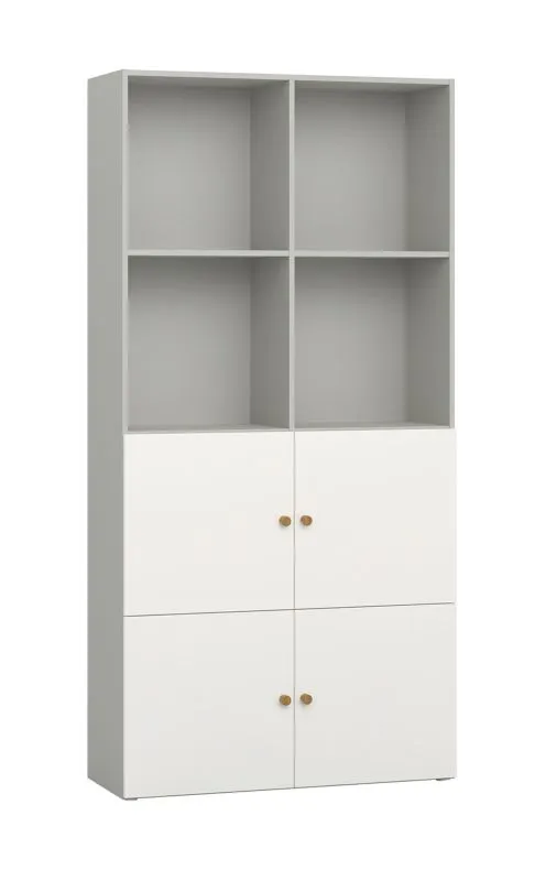 Einfaches Bücherregal mit acht Fächern Aenna 39, Farbe: Grau / Weiß, verstellbare Füße, Maße: 202,5 x 100,5 x 35 cm, vier Türen, modernes Design