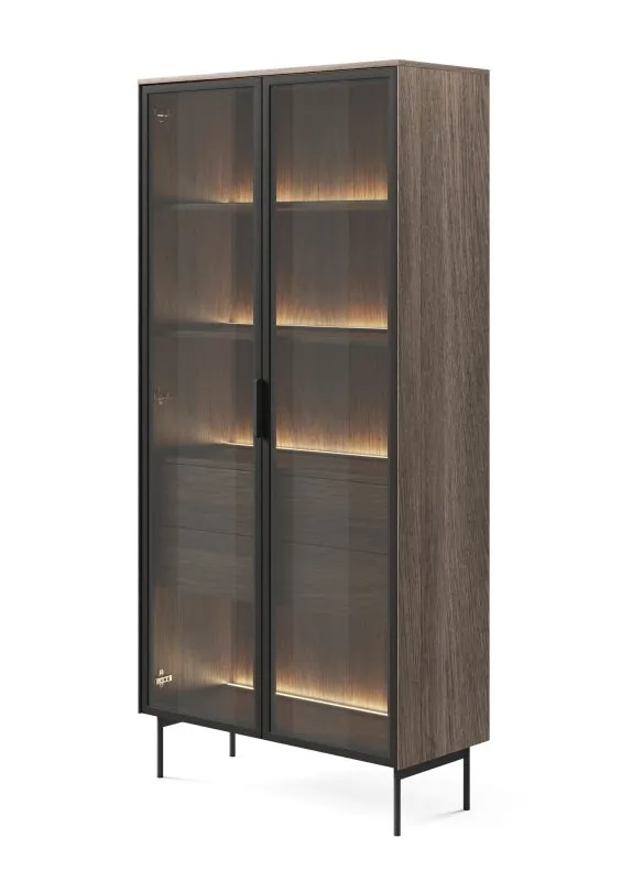Vitrinenschrank mit zwei Glastüren Chaabane 01 | Farbe: Eiche Dunin / Schwarz | inkl. LED-Beleuchtung | Beine & Griffe: Metall | Maße: 194,5 x 91,5 x 39 cm