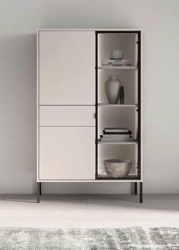 Vitrine | Kaschmir | Metallfüße | 1 Schublade | gehärtetes Graphitglas | inkl. LED-Beleuchtung | 7 Fächer | Push-to-open Funktion | 92 x 40 x 150 cm