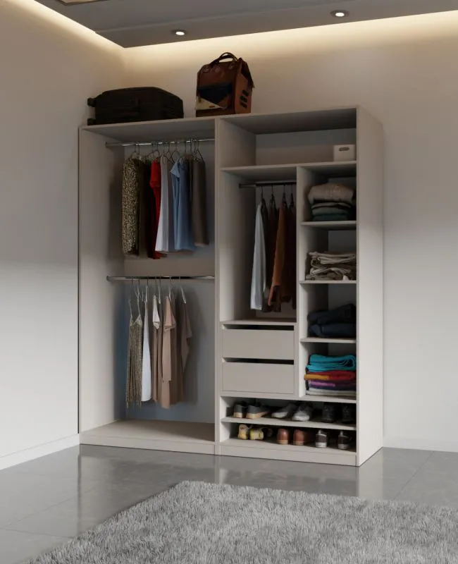 Schrankset für Ankleidezimmer - Set C Cabecao | 3-teilig | Farbe: Kaschmir | offener Kleiderschrank | 2 Schubladen | kompakt | 3 Kleiderstangen