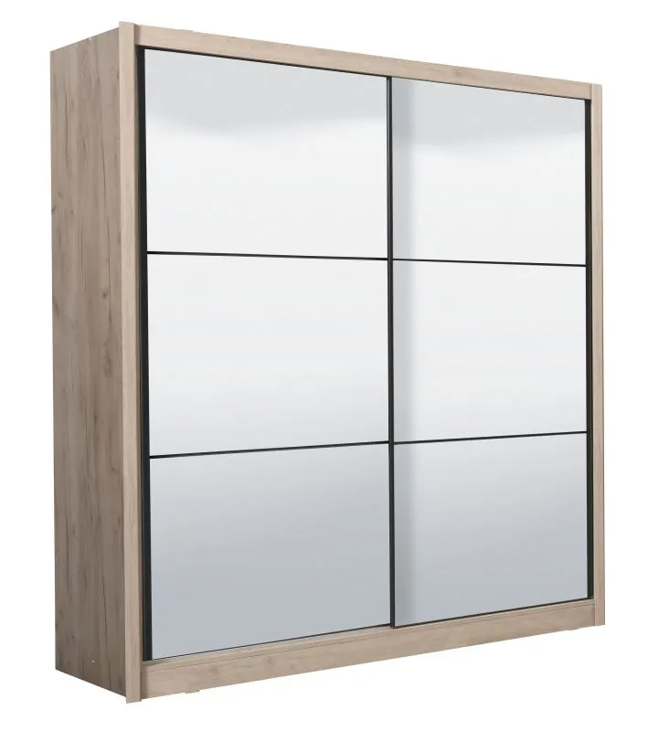 Spiegelschiebetürenschrank / Kleiderschrank mit einer Kleiderstange Panevo 04, Farbe: Eiche Grau, sechs Fächer, einfaches und modernes Design, Maße: 215,5 x 213 x 60 cm