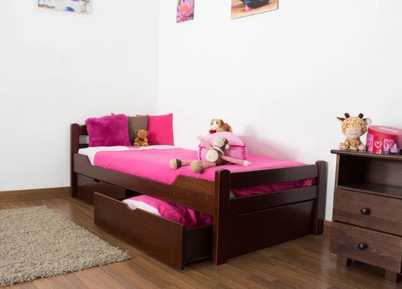 Kinderbett / Jugendbett "Easy Premium Line" K1/2n inkl. 2 Schubladen und 2 Abdeckblenden, 90 x 200 cm Buche Vollholz massiv Dunkelbraun