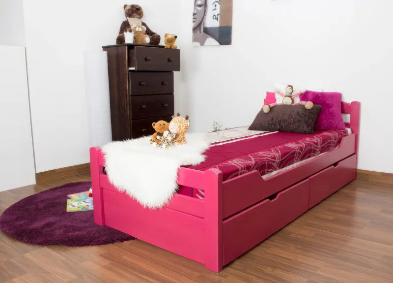 Kinderbett / Jugendbett "Easy Premium Line" K1/2n inkl. 2 Schubladen und 2 Abdeckblenden, 90 x 200 cm Buche Vollholz massiv Rosa