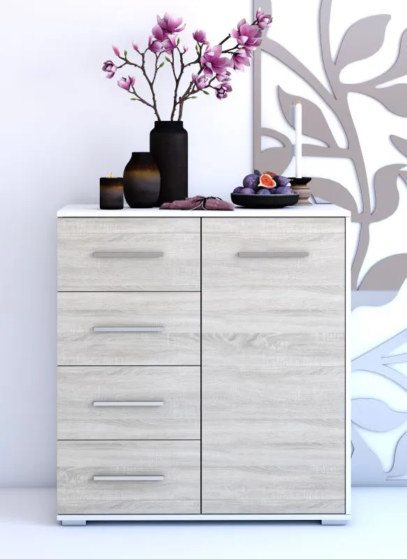 Kommode | 96 x 90 x 45 cm | Eiche / Weiß | Comarca 04 | 1 Türe | 4 Schubladen | 3 Fächer |  Zweifarbig | lange Griffe silberfarben | schlichtes Design