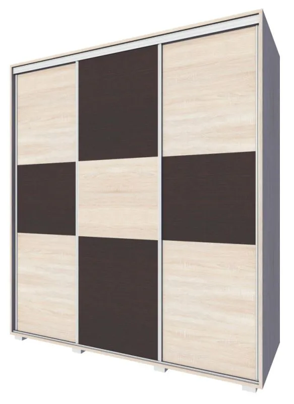 Kleiderschrank | 3 Schiebetüren | 4 Schubladen | 9 Fächer | inkl. Kleiderstange | 200 cm breit | Farbe: Sonoma Eiche Abbildung